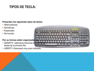TIPOS DE TECLA:


Presentan los siguientes tipos de teclas:
 Alfanuméricas
 Numéricas
 Especiales
 De función


Por su formas están organizadas en:
 QWERTY: (alemana) herencia de las máquinas de escribir, reciben este nombre por las
  teclas de la primera fila.
 AZERTY: (francesa) muy poco utilizada.
 