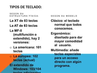 TIPOS DE TECLADO:
SEGÚN SU
ESTRUCTURA FÍSICA:    SEGÚN SU MODELO

La XT de 83 teclas    Clásico: el teclado
La AT de 83 teclas      normal que todos
                        conocemos.
La MF-II
  (multifunción o     Ergonómico:
  extendido), hay 2     diseñado para dar
  versiones:            mayor comodidad
                        al usuario.
o La americana: 101
  teclas              Multimedia: añade
                       teclas especiales
o La europea: 102
                       para un acceso
  teclas (actual)
                       directo con algún
El extendido de        programa.
   Windows: 103/104
 
