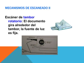 MECANISMOS DE ESCANEADO II

Escáner de tambor
  rotatorio: El documento
  gira alrededor del
  tambor, la fuente de luz
  es fija.
 
