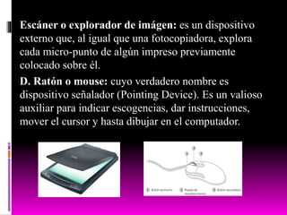 Escáner o explorador de imágen: es un dispositivo
externo que, al igual que una fotocopiadora, explora
cada micro-punto de algún impreso previamente
colocado sobre él.
D. Ratón o mouse: cuyo verdadero nombre es
dispositivo señalador (Pointing Device). Es un valioso
auxiliar para indicar escogencias, dar instrucciones,
mover el cursor y hasta dibujar en el computador.
 