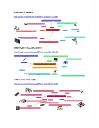 PERIFERICOS DE ENTRADA
https://www.examtime.com/es-ES/mind_maps/258213/edit

DISPOSITIVOS DE ALMACENAMIENTO
https://www.examtime.com/es-ES/mind_maps/301650/edit

ELEMENTOS INTERNOS DE CPU
https://www.examtime.com/es-ES/mind_maps/307844/edit

 