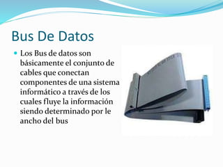 Bus De Datos
 Los Bus de datos son
básicamente el conjunto de
cables que conectan
componentes de una sistema
informático a través de los
cuales fluye la información
siendo determinado por le
ancho del bus
 