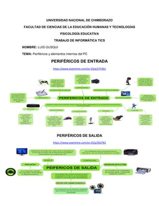 UNIVERSIDAD NACIONAL DE CHIMBORAZO
FACULTAD DE CIENCIAS DE LA EDUCACIÓN HUMANAS Y TECNOLOGÍAS
PSICOLOGÍA EDUCATIVA
TRABAJO DE INFORMÁTICA TICS
NOMBRE: LUIS GUSQUI
TEMA: Periféricos y elementos internos del PC

PERIFÉRICOS DE ENTRADA
https://www.examtime.com/es-ES/p/275361

PERIFÉRICOS DE SALIDA
https://www.examtime.com/es-ES/p/262781

 