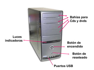 Bahías para
                       Cds y dvds




     Luces
indicadoras
                     Botón de
                     encendido

                        Botón de
                        reseteado

              Puertos USB
 