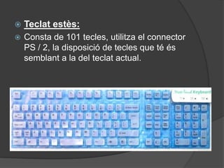   Teclat estès:
   Consta de 101 tecles, utilitza el connector
    PS / 2, la disposició de tecles que té és
    semblant a la del teclat actual.
 