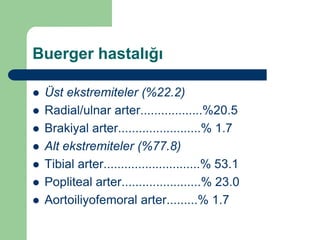 Buerger hastalığı

   Üst ekstremiteler (%22.2)
   Radial/ulnar arter..................%20.5
   Brakiyal arter........................% 1.7
   Alt ekstremiteler (%77.8)
   Tibial arter............................% 53.1
   Popliteal arter.......................% 23.0
   Aortoiliyofemoral arter.........% 1.7
 
