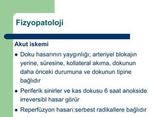 Fizyopatoloji

Akut iskemi
   Doku hasarının yaygınlığı; arteriyel blokajın
    yerine, süresine, kollateral akıma, dokunun
    daha önceki durumuna ve dokunun tipine
    bağlıdır
   Periferik sinirler ve kas dokusu 6 saat anokside
    irreversibl hasar görür
   Reperfüzyon hasarı:serbest radikallere bağlıdır
 