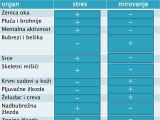 organ stres mirovanje
Zenica oka širenje sužavanje
Pluća i brohnije širenje sužavanje
Mentalna aktivnost pojačana smanjena
Bubrezi i bešika Smanjeno
izlučivanje
mokraće
Pojačano lučenje
Srce Ubrazan rad Usporen rad
Skeletni mišići Pojačana snaga Smanjena
aktivnost
Krvni sudovi u koži suženje širenje
Pljuvačne žlezde Smanjeno lučenje Pojačano lučenje
Želudac i creva Usporen rad Podstiče rad
Nadbubrežna
žlezda
Podstiče lučenje Usporeno lučenje
+ -
+ -
+ -
- +
+ -
+ -
- +
- +
- +
+ -
 