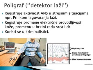  Registruje aktivnost ANS u stresnim situacijama
npr. Prilikom izgovaranja laži.
 Registruje promene električne provodljivosti
kože, promenu u brzini rada srca i dr.
 Koristi se u kriminalistici.
 