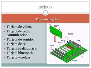 Tipos de tarjeta
 Tarjeta de video.
 Tarjeta de red o
comunicación.
 Tarjeta de sonido.
 Tarjeta de tv.
 Tarjeta inalámbrica.
 Tarjeta bluetooth.
 Tarjeta wireless.
tarjetas
 