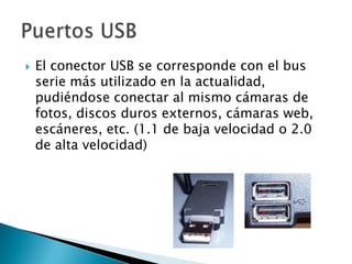 El conector USB se corresponde con el bus serie más utilizado en la actualidad, pudiéndose conectar al mismo cámaras de fotos, discos duros externos, cámaras web, escáneres, etc. (1.1 de baja velocidad o 2.0 de alta velocidad) Puertos USB