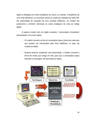 50
ligado e desligado em sinais analógicos ao variar, ou modular, a freqüência de
uma onda eletrônica, um processo similar ao usado por estações de rádio FM.
Na extremidade de recepção de uma conexão telefônica, um modem faz
justamente o contrário: demodula os sinais analógicos de volta ao código
digital.
A palavra modem vem do inglês modulator / demodulator (modulador/
demodulador). Ao enviar dados:
- O modem converte os bits do computador para a forma de onda para
que possam ser transmitidos pela linha telefônica, ou seja, ele
modula os dados.
- Quando estamos recebendo uma transmissão, o modem converte a
forma de ondas que chega em bits, para que o computador possa
entender a mensagem, ele demodula os dados.
Modulação e
Demodulação
Foto/Imagem Música/Som Texto/Dados
 