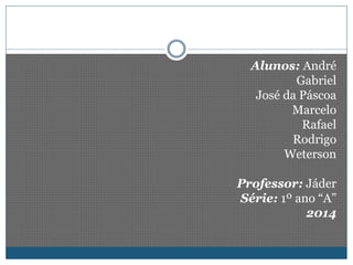 Alunos: André 
Gabriel 
José da Páscoa 
Marcelo 
Rafael 
Rodrigo 
Weterson 
Professor: Jáder 
Série: 1º ano “A” 
2014 
 