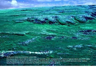 Solifluction lobes and terraces, Lewis Hills.
Elevations above about 500 m have a peculiar smooth terrain composed of a mixture of glacial debris and frost rubble
that is shaped into tongues and festoons by slow downslope movement due to frost action and soil creep. Caribou
herds frequent this terrain to browse the fields of lichen blown clear of snow
 