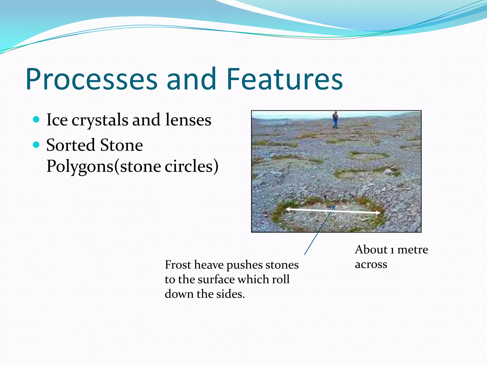 Processes and FeaturesIce crystals and lensesSorted Stone Polygons(stone circles)About 1 metre acrossFrost heave pushes stones to the surface which roll down the sides.