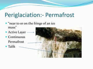 Periglaciation:- Permafrost“near to or on the fringe of an ice mass”Active LayerContinuous	PermafrostTalik
