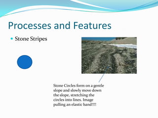 Processes and FeaturesStone StripesStone Circles form on a gentle slope and slowly move down the slope, stretching the circles into lines. Image pulling an elastic band!!!!