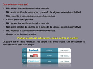 Que cuidados devo ter?
• Não forneça inadvertidamente dados pessoais
• Não aceite pedidos de amizade se o conteúdo da página o deixar desconfortável
• Não responda a comentários ou conteúdos ofensivos
• Colocar perfis como privados
• Não forneça inadvertidamente dados pessoais
• Não aceite pedidos de amizade se o conteúdo da página o deixar desconfortável
• Não responda a comentários ou conteúdos ofensivos
• Colocar os perfis como privados
Protege-te, pois não sabes quem está por de trás do monitor!
Os jovens são os mais veneráveis aos perigos das redes sociais. Eles consideram-as
uma ferramenta para fazer amigos.
 