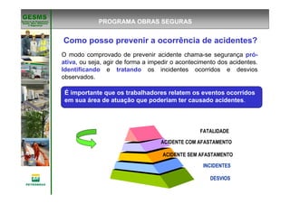 Gerência de Engenharia,Gerência de Engenharia,
SaSaúúde, Meio Ambientede, Meio Ambiente
e Segurane Seguranççaa
GESMSGESMS
Como posso prevenir a ocorrência de acidentes?
O modo comprovado de prevenir acidente chama-se segurança pró-
ativa, ou seja, agir de forma a impedir o acontecimento dos acidentes.
Identificando e tratando os incidentes ocorridos e desvios
observados.
INCIDENTES
FATALIDADE
DESVIOS
ACIDENTE COM AFASTAMENTO
ACIDENTE SEM AFASTAMENTO
É importante que os trabalhadores relatem os eventos ocorridos
em sua área de atuação que poderiam ter causado acidentes.
PROGRAMA OBRAS SEGURAS
 