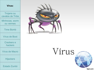 Trojans ou cavalos de Tróia Minhocas, worm ou vermes Time Bomb Vírus de Boot Crackers e hackers Vírus de Macro Hijackers Vírus: Estado Zumbi Vírus   