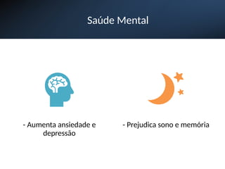 Saúde Mental
- Aumenta ansiedade e
depressão
- Prejudica sono e memória
 