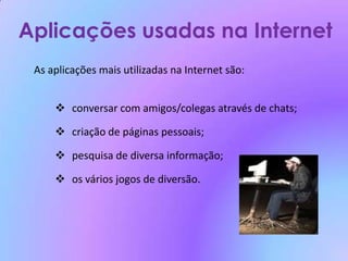 e ser, também, espaço de lazer e diversão (jogos online).Basicamente, a Internet facilita – nos a vida diária em vários aspectos, como por exemplo, num dia chuvoso de Inverno, em vez de sairmos à rua, para o comprar, lermos o jornal da manhã no  conforto da casa.