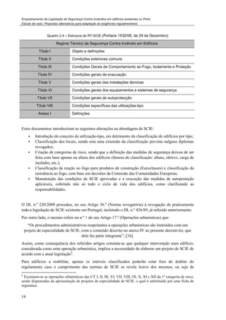 Enquadramento da Legislação de Segurança Contra Incêndios em edifícios existentes no Porto
Estudo de caso. Propostas alternativas para adaptação às exigências regulamentares
14
Quadro 2.4 – Estrutura do RT-SCIE (Portaria 1532/08, de 29 de Dezembro)
Regime Técnico de Segurança Contra Incêndio em Edifícios
Título I Objeto e definições
Título II Condições exteriores comuns
Título III Condições Gerais de Comportamento ao Fogo, Isolamento e Proteção
Título IV Condições gerais de evacuação
Título V Condições gerais das instalações técnicas
Título VI Condições gerais dos equipamentos e sistemas de segurança
Título VII Condições gerais de autoprotecção
Título VIII Condições específicas das utilizações-tipo
Anexo I Definições
Estes documentos introduziram as seguintes alterações na abordagem da SCIE:
Introdução do conceito de utilização-tipo, em detrimento da classificação de edifícios por tipo;
Classificação dos locais, sendo esta uma extensão da classificação prevista nalguns diplomas
revogados;
Criação de categorias de risco, sendo que a definição das medidas de segurança deixou de ser
feita com base apenas na altura dos edifícios (fatores de classificação: altura, efetivo, carga de
incêndio, etc.);
Classificação da reação ao fogo para produtos de construção (Euroclasses) e classificação da
resistência ao fogo, com base em decisões da Comissão das Comunidades Europeias;
Manutenção das condições de SCIE aprovadas e a execução das medidas de autoproteção
aplicáveis, cobrindo não só todo o ciclo de vida dos edifícios, como clarificando as
responsabilidades.
O DL n.º 220/2008 procedeu, no seu Artigo 36.º (Norma revogatória) à revogação de praticamente
toda a legislação de SCIE existente em Portugal, incluindo o DL n.º 426/89, já referido anteriormente.
Por outro lado, o mesmo refere no n.º 1 do seu Artigo 17.º (Operações urbanísticas) que:
“Os procedimentos administrativos respeitantes a operações urbanísticas são instruídos com um
projeto de especialidade de SCIE, com o conteúdo descrito no anexo IV ao presente decreto-lei, que
dele faz parte integrante”, [16].
Assim, como consequência dos referidos artigos constata-se que qualquer intervenção num edifício,
considerada como uma operação urbanística, implica a necessidade de elaborar um projeto de SCIE de
acordo com a atual legislação8
.
Para edifícios a reabilitar, apenas os imóveis classificados poderão estar fora do âmbito do
regulamento caso o cumprimento das normas de SCIE se revele lesivo dos mesmos, ou seja de
8
Excetuam-se as operações urbanísticas das UT I, II, III, VI, VII, VIII, IX, X, XI e XII da 1ª categoria de risco,
sendo dispensadas da apresentação de projetos de especialidade de SCIE, o qual é substituído por uma ficha de
segurança.
 