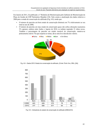 Enquadramento da Legislação de Segurança Contra Incêndios em edifícios existentes no Porto
Em Janeiro de 2011, foi publicado o 1º Relatório de Monitorização pelo
Plano de Gestão do CHP Património Mundial
2008 para o estado de conservação do edificado
O número de parcelas em bom estado de conservação diminuiu em 7% relativame
total no ano de 2008;
O número de parcelas em mau estado de conservação quase não sofreu alterações (aumentou
5% apenas), embora entre Junho e Agosto de 2010,
Também a percentagem de parcelas em estado razoável de conservação, manteve
praticamente estável.
Fig. 4.8 – Dados 2010: Estado de conservação do edificado,
Fig. 4.9 – Indicadores do estado de conservação do edificado (2008
Ruína
Bom
2008 443
2010 317
0
100
200
300
400
500
600
700
800
Enquadramento da Legislação de Segurança Contra Incêndios em edifícios existentes no Porto
Estudo de caso. Propostas alternativas para adaptação às exigências regulamentares
Em Janeiro de 2011, foi publicado o 1º Relatório de Monitorização pelo Gabinete
Património Mundial, [34]. Nele consta a atualização dos dados relativos a
2008 para o estado de conservação do edificado (Fig. 4.8), sendo que:
O número de parcelas em bom estado de conservação diminuiu em 7% relativame
O número de parcelas em mau estado de conservação quase não sofreu alterações (aumentou
5% apenas), embora entre Junho e Agosto de 2010, se tenham registado 31 obras novas.
Também a percentagem de parcelas em estado razoável de conservação, manteve
No que respeita as ruínas, dá-se uma leve descida dos valores
Dados 2010: Estado de conservação do edificado, (Fonte: Porto Vivo, SRU,
Indicadores do estado de conservação do edificado (2008
3%
37%
37%
18%
5%
Ruína Mau Médio Bom Em Obras
Bom Médio Mau Ruína Em Obras
443 649 575 78
317 656 671 64
Enquadramento da Legislação de Segurança Contra Incêndios em edifícios existentes no Porto
alternativas para adaptação às exigências regulamentares
43
Gabinete de Monitorização do
. Nele consta a atualização dos dados relativos a
O número de parcelas em bom estado de conservação diminuiu em 7% relativamente ao seu
O número de parcelas em mau estado de conservação quase não sofreu alterações (aumentou
se tenham registado 31 obras novas.
Também a percentagem de parcelas em estado razoável de conservação, manteve-se
se uma leve descida dos valores.
Fonte: Porto Vivo, SRU, [34])
Indicadores do estado de conservação do edificado (2008-2010)
Em Obras
51
82
 