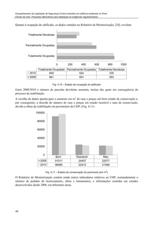 Enquadramento da Legislação de Segurança Contra
Estudo de caso. Propostas alternativas para adaptação às exigências regulamentares
44
Quanto à ocupação do edificado, os dados contidos no Relatório de Monitorização
Fig. 4
Entre 2008/2010 o número de parcelas devolutas aumenta, mui
processo de reabilitação.
A recolha de dados aponta para o aumento em m
por conseguinte, a descida do número de ruas e praças em estado razoável e mau de conservação,
devido a obras de reabilitação em pavimentos do CHP, (
Fig. 4.11 – Estado de conservação do pavimento (em
O Relatório de Monitorização contém ainda outros indicadores relativos ao CHP, nomeadamente o
número de pedidos de licenciamento, obras e loteamentos, e informações contidas em estudos
desenvolvidos desde 2008, em diferentes áreas.
0
Totalmente Ocupadas
Parcialmente Ocupadas
Totalmente Devolutas
Totalmente Ocupadas
2010 849
2008 861
Bom
2008 91511
2010 96995
0
20000
40000
60000
80000
100000
Enquadramento da Legislação de Segurança Contra Incêndios em edifícios existentes no Porto
Propostas alternativas para adaptação às exigências regulamentares
edificado, os dados contidos no Relatório de Monitorização, [34]
4.10 – Estado de ocupação do edificado
Entre 2008/2010 o número de parcelas devolutas aumenta, muitas das quais em consequência do
A recolha de dados aponta para o aumento em m2
de ruas e praças em bom estado de conservação e,
por conseguinte, a descida do número de ruas e praças em estado razoável e mau de conservação,
abilitação em pavimentos do CHP, (Fig. 4.11).
Estado de conservação do pavimento (em m
2
)
O Relatório de Monitorização contém ainda outros indicadores relativos ao CHP, nomeadamente o
número de pedidos de licenciamento, obras e loteamentos, e informações contidas em estudos
desenvolvidos desde 2008, em diferentes áreas.
200 400 600 800
Totalmente Ocupadas Parcialmente Ocupadas Totalmente Devolutas
524 335
591 293
Bom Razoável Mau
91511 24457 22077
96995 22412 21568
[34], revelam:
tas das quais em consequência do
ruas e praças em bom estado de conservação e,
por conseguinte, a descida do número de ruas e praças em estado razoável e mau de conservação,
O Relatório de Monitorização contém ainda outros indicadores relativos ao CHP, nomeadamente o
número de pedidos de licenciamento, obras e loteamentos, e informações contidas em estudos
1000
Totalmente Devolutas
 