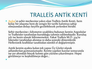 TRALLEİS ANTİK KENTİ
 Aydın'ın şehir merkezine yakın olan Tralleis Antik Kenti, hem

kolay bir ulaşıma hem de zengin bir tarihi kalıntıya sahip
olmasından dolayı keyifle gezilebilecek yerlerden biridir.

Şehir merkezine 1 kilometre uzaklıkta bulunan kentin Argoslular
ve Tralleisler tarafından kurulduğu tahmin edilmektedir. Kuruluş
yılı ise kesin olarak bilinmemekte. Fakat Tralleis M.Ö. 334'te
İskender tarafından alınmış ve daha sonraki dönemlerde
Hellenistik krallıklar tarafından sürekli el değiştirmiştir.
Antik kentin ayakta kalan tek yapısı Üç Gözler olarak
adlandırılan gymnasiumadır. Kentte yapılan kazılar sonucunda
ise yer altından birçok kalıntı gün yüzüne çıkarılmıştır. Hepsi
görülmeye ve keşfedilmeye değer…


 