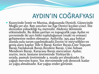 AYDIN’IN COĞRAFYASI
 Kuzeyinde İzmir ve Manisa, doğusunda Denizli, Güneyinde

Muğla yer alır. Batı sınırları ise Ege Denizi kıyıları çizer. İlin
denizden yüksekliği 64 metredir. Akdeniz ikliminin
etkisindedir. Bu iklim şartları ve topografik yapı Aydın ve
çevresinde iki ayrı bitki topluluğunun (maki ve orman)
gelişmesine neden olmuştur. Aydın’da; 395.494 hektar
alanda sulu tarım yapılmaktadır.Zeytin ve meyvelikler en
geniş alanı kaplar. İlde 6 Baraj; Kemer Barajı,Çine Topçam
Barajı,Yaylakavak Barajı,İkizdere Barajı, Çine Adnan
Menderes Barajı, Karacasu Barajı mevcuttur. Aydın;
zeytin, incir, kestane üretiminde Türkiye’de 1.
sırada, pamuk üretiminde 3. sırada yer almaktadır. En
yağışlı mevsim kıştır. Yaz mevsiminde yok denecek kadar
az yağış almaktadır. Kar yağışı ender görünür.

 