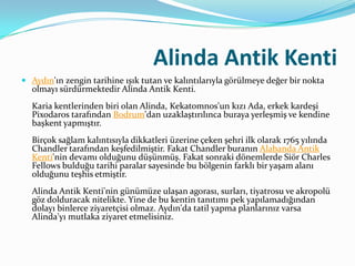 Alinda Antik Kenti
 Aydın'ın zengin tarihine ışık tutan ve kalıntılarıyla görülmeye değer bir nokta

olmayı sürdürmektedir Alinda Antik Kenti.

Karia kentlerinden biri olan Alinda, Kekatomnos'un kızı Ada, erkek kardeşi
Pixodaros tarafından Bodrum'dan uzaklaştırılınca buraya yerleşmiş ve kendine
başkent yapmıştır.
Birçok sağlam kalıntısıyla dikkatleri üzerine çeken şehri ilk olarak 1765 yılında
Chandler tarafından keşfedilmiştir. Fakat Chandler buranın Alabanda Antik
Kenti'nin devamı olduğunu düşünmüş. Fakat sonraki dönemlerde Siör Charles
Fellows bulduğu tarihi paralar sayesinde bu bölgenin farklı bir yaşam alanı
olduğunu teşhis etmiştir.
Alinda Antik Kenti'nin günümüze ulaşan agorası, surları, tiyatrosu ve akropolü
göz dolduracak nitelikte. Yine de bu kentin tanıtımı pek yapılamadığından
dolayı binlerce ziyaretçisi olmaz. Aydın'da tatil yapma planlarınız varsa
Alinda'yı mutlaka ziyaret etmelisiniz.

 