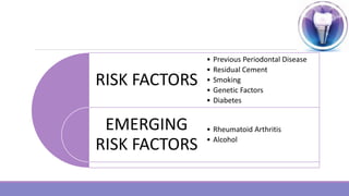 RISK FACTORS
EMERGING
RISK FACTORS
• Previous Periodontal Disease
• Residual Cement
• Smoking
• Genetic Factors
• Diabetes
• Rheumatoid Arthritis
• Alcohol
 