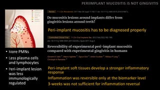 • More PMNs
• Less plasma cells
and lymphocytes
• Peri-implant lesion
was less
immunologically
regulated
Peri-implant mucositis has to be diagnosed properly
Peri-implant soft tissues develop a stronger inflammatory
response
Inflammation was reversible only at the biomarker level
3-weeks was not sufficient for inflammation reversal
PERIIMPLANT MUCOSITIS IS NOT GINGIVITIS
 