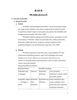 BAB II
PEMBAHASAN
1) Penyakit Perikarditis
A. Konsep Penyakit
a. Definisi
Perikarditis ialah peradangan pericardium viseralis dan parietalis dengan
atau tanpa disertai timbulnya cairan dalam rongga perikard yang baik bersifat
transudat atau eksudat maupun seraosanguinis atau purulen dan disebabkan oleh
berbagai macam penyebab. (IKA FKUI, 2007)
Perikarditis adalah peradangan pericardium parietal, pericardium visceral,
atau keduanya. Perikarditis dibagi atas perikarditis akut, subakut, dan kronik.
Perikarditis subakut dan kronik mempunyai etiologi, manifestasi klinis,
pendekatan diagnostic, dan penatalaksanaan yang sama. (Arif, 2009)

b. Etiologi
Penyebab yang paling sering ialah reuma, yang merupakan 55% dari
seluruh kasus.Perikarditis purulenta/ septic (28%) disebabkan oleh kuman
Staphylococcus aureus, Diplococcus pneumoniae, dan Streptococcus
hemolyticus.Penyebab lainnya ialah tuberculosis, virus Coxsackie, rheumatoid,
uremia, trauma dan idiopatik.
Macam Klasifikasi Perikarditis
Klasifikasi Klinis
Perikarditis akut

Klasifikasi Etiologis
Fibrinosa

Virus, pirogenik,

Infeksiosa

(<6minggu)

Perikarditis

tuberkulosis, mikotik, infeksi
lain (sifilis, parasit)

Perikarditis subakut Konstriktif
(<6minggu- 6
bulan)

Efusi
konstriktif

Perikarditis non- Infark miokardium akut,
infeksiosa

uremia, neoplasia: tumor
primer dan tumor metastasis,
miksedema, kolesterol,

3

 