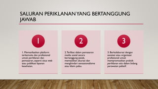 SALURAN PERIKLANANYANG BERTANGGUNG
JAWAB
1. Memanfaatkan platform
terkemuka dan profesional
untuk periklanan dan
pemasaran, seperti situs web
atau publikasi layanan
kesehatan.
1
2.Terlibat dalam pemasaran
media sosial secara
bertanggung jawab,
memastikan akurasi dan
menghindari sensasionalisme
atau klaim palsu.
2
3. Berkolaborasi dengan
asosiasi atau organisasi
profesional untuk
mempromosikan praktik
periklanan etis dalam bidang
perawatan paliatif.
3
 