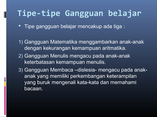 Tipe-tipe Gangguan belajar
 Tipe gangguan belajar mencakup ada tiga :
1) Gangguan Matematika menggambarkan anak-anak
dengan kekurangan kemampuan aritmatika.
2) Gangguan Menulis mengacu pada anak-anak
keterbatasan kemampuan menulis.
3) Gangguan Membaca –dislesia- mengacu pada anak-
anak yang memiliki perkembangan keterampilan
yang buruk mengenali kata-kata dan memahami
bacaan.
 