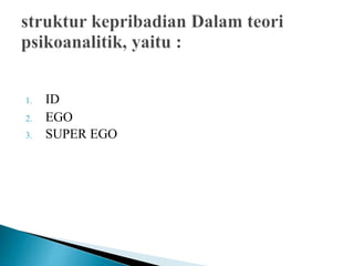 1. ID
2. EGO
3. SUPER EGO
 