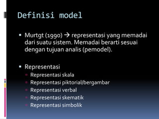 Definisi model

 Murtgt (1990)  representasi yang memadai
  dari suatu sistem. Memadai berarti sesuai
  dengan tujuan analis (pemodel).

 Representasi
     Representasi skala
     Representasi piktorial/bergambar
     Representasi verbal
     Representasi skematik
     Representasi simbolik
 