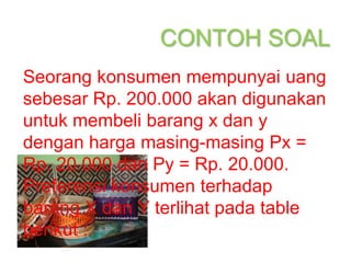 CONTOH SOAL
Seorang konsumen mempunyai uang
sebesar Rp. 200.000 akan digunakan
untuk membeli barang x dan y
dengan harga masing-masing Px =
Rp. 20.000 dan Py = Rp. 20.000.
Preferensi konsumen terhadap
barang X dan Y terlihat pada table
berikut :
 