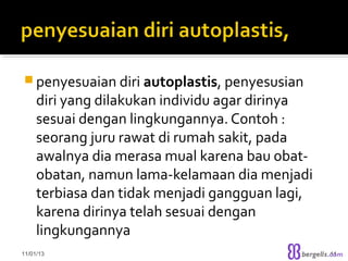  penyesuaian diri autoplastis, penyesusian

diri yang dilakukan individu agar dirinya
sesuai dengan lingkungannya. Contoh :
seorang juru rawat di rumah sakit, pada
awalnya dia merasa mual karena bau obatobatan, namun lama-kelamaan dia menjadi
terbiasa dan tidak menjadi gangguan lagi,
karena dirinya telah sesuai dengan
lingkungannya

11/01/13

11

 