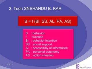 2. Teori SNEHANDU B. KAR
B = f (BI, SS, AL, PA, AS)
B
f
BI
SS
AI
PA
AS
11/01/13

: behavior
: function
: behavior intention
: social support
: accessibiliy of information
: personal autonomy
: action situation
17

 