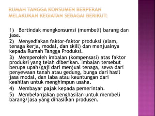 1) Bertindak mengkonsumsi (membeli) barang dan
jasa.
2) Menyediakan faktor-faktor produksi (alam,
tenaga kerja, modal, dan skill) dan menjualnya
kepada Rumah Tangga Produksi.
3) Memperoleh imbalan (kompensasi) atas faktor
produksi yang telah diberikan. Imbalan tersebut
berupa upah/gaji dari menjual tenaga, sewa dari
penyewaan tanah atau gedung, bunga dari hasil
jasa modal, dan laba atau keuntungan dari
keahlian untuk menghimpun usaha.
4) Membayar pajak kepada pemerintah.
5) Membelanjakan penghasilan untuk membeli
barang/jasa yang dihasilkan produsen.
 