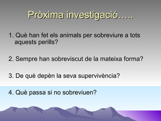 Pròxima investigació…..Pròxima investigació…..
1. Què han fet els animals per sobreviure a tots
aquests perills?
2. Sempre han sobreviscut de la mateixa forma?
3. De què depèn la seva supervivència?
4. Què passa si no sobreviuen?
 