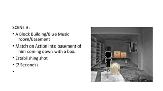 SCENE 3: 
• A Block Building/Blue Music 
room/Basement 
• Match on Action into basement of 
him coming down with a box. 
• Establishing shot 
• (7 Seconds) 
• 
 