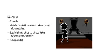 SCENE 5: 
• Church 
• Match on Action when Jake comes 
downstairs. 
• Establishing shot to show Jake 
looking for Johnny. 
• (6 Seconds) 
 