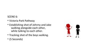 SCENE 6: 
• Victoria Park Pathway 
• Establishing shot of Johnny and Jake 
walking alongside each other, 
while talking to each other. 
• Tracking shot of the boys walking. 
• (5 Seconds) 
 
