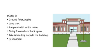 SCENE 2: 
• Ground floor, Aspire 
• Long shot 
• Jump cut with white noise 
• Going forward and back again. 
• Jake is heading outside the building. 
• (6 Seconds) 
 