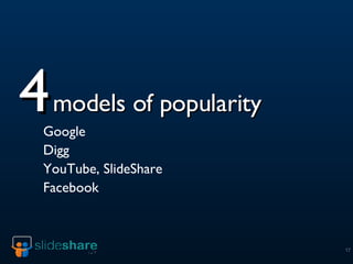4   models of popularity <ul><li>Google </li></ul><ul><li>Digg </li></ul><ul><li>YouTube, SlideShare </li></ul><ul><li>Fac...