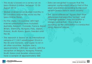 © Ipsos MORI 
Source: Ipsos Global @dvisor 
PERILS OF PERCEPTION 
33 
• This study is based on a survey run on 
Ipsos Global @dvisor, between 12-26 
August 2014 
• Global @dvisor is conducted monthly in 
24 countries around the world via the 
Ipsos Online Panel. 
• For this study, 14 countries with high 
internet penetration were included: 
Australia, Belgium, Canada, France, Great 
Britain, Germany, Hungary, Italy, Japan, 
Poland, South Korea, Spain, Sweden and 
the US. 
• The research is based on an international 
sample of 11,527 adults aged 18-64 in 
the US and Canada, and aged 16-64 in 
all other countries. Sample size is 
approximately 1,000 per country, with the 
exception of Belgium, Hungary, Poland, 
South Korea and Sweden where each 
have a sample of approximately 500 
• Data are weighted to ensure that the 
sample's composition reflects that of the 
adult population according to the most 
recent Census data in each country 
• The “point difference” figures that show 
differences between the “actual” and 
“average guesses” may not match a 
straight subtraction. This is due to 
rounding, as the calculation is conducted 
using decimal places 
 